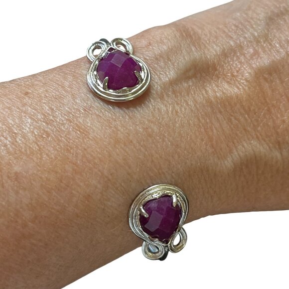 Rustic Cuff Faceted Cranberry Stone adjustable Metal Bracelet - Picture 1 of 4